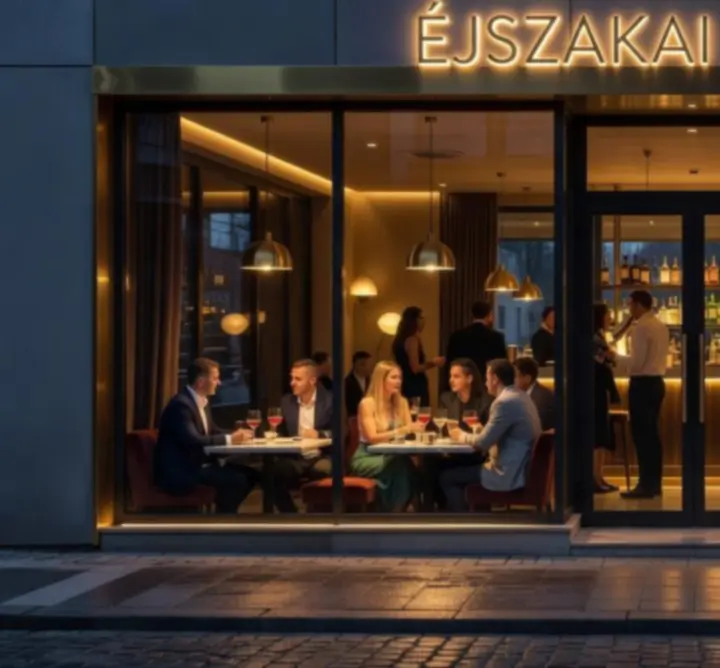 VBA elegáns bár és lounge kültere hangulatos esti fényekkel