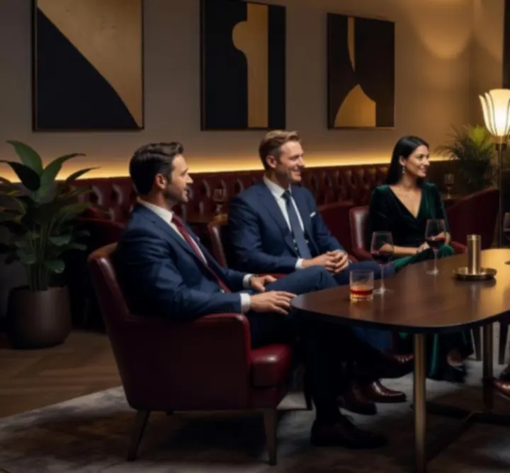 Hangulatos lounge pillanat: vendégek beszélgetnek elegáns, sötét tónusú térben